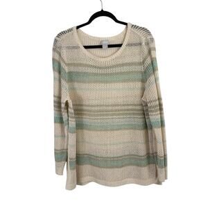 Chicos Open Knit Marlene Pullover Sweater Cream Green Striped Womens 4 US XXL